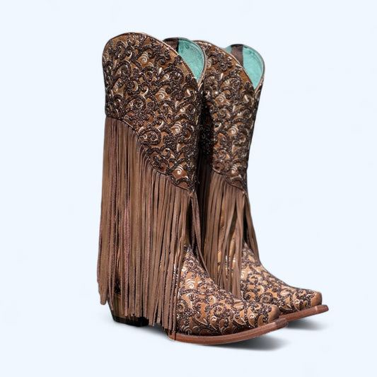 Corral WOMENS boots honey lamb overlay & embroidery & fringes