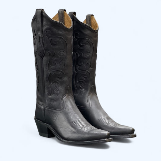 OLD WEST WOMENS BLACK SNIP TOE HAND TOOLED LF1579