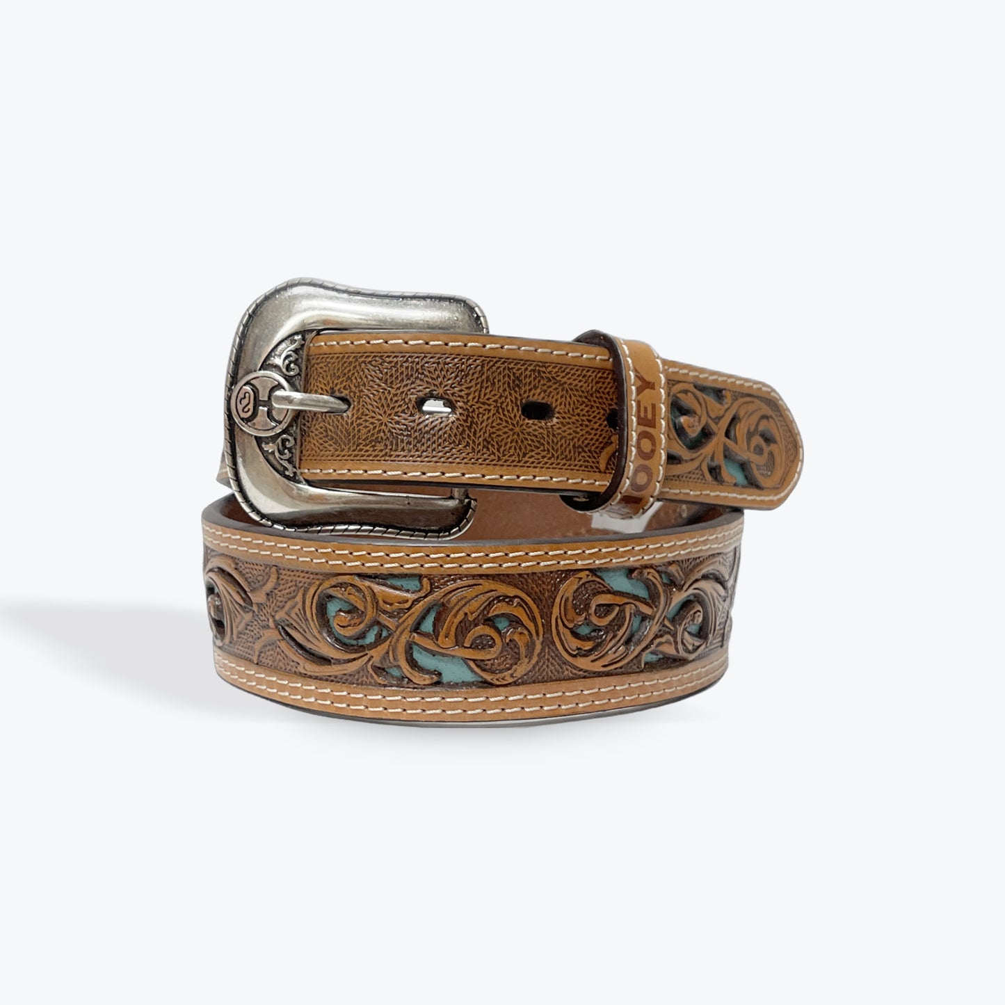 Hand Tooled Leather Hooey Belt w/Turqouise Inlay