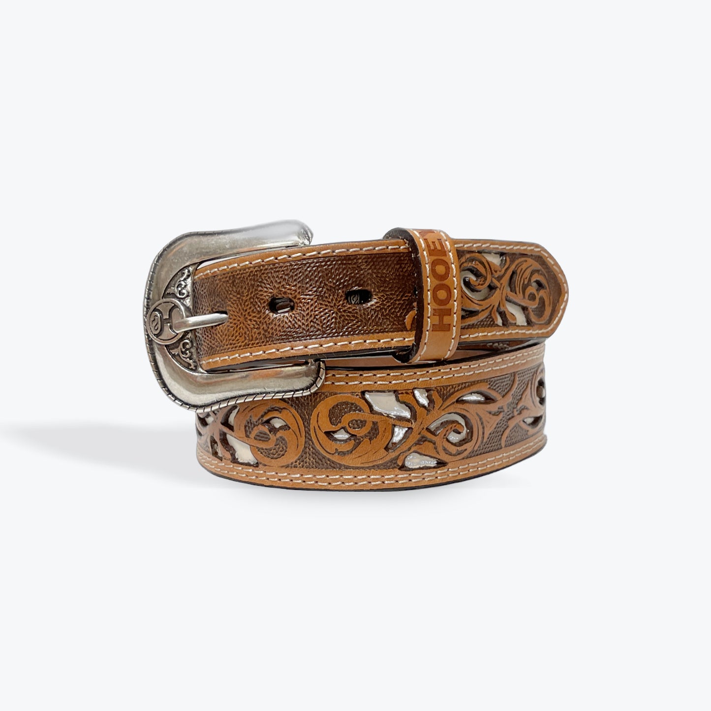 HOOEY Hand Tooled Leather Belt w/ Ivory Inlay